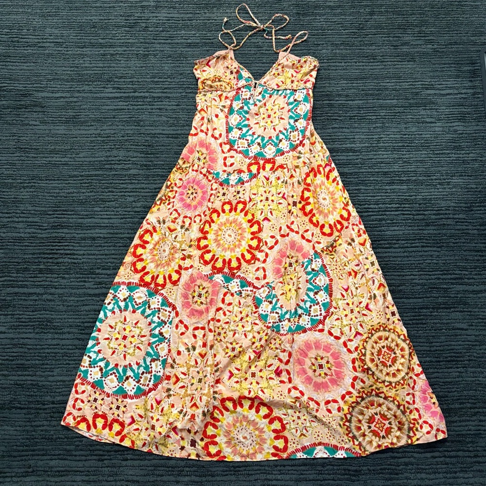 NWT BA&SH Size Pink/Multi Lamia V Neck Graphic Print Tiered Skirt Maxi Dress